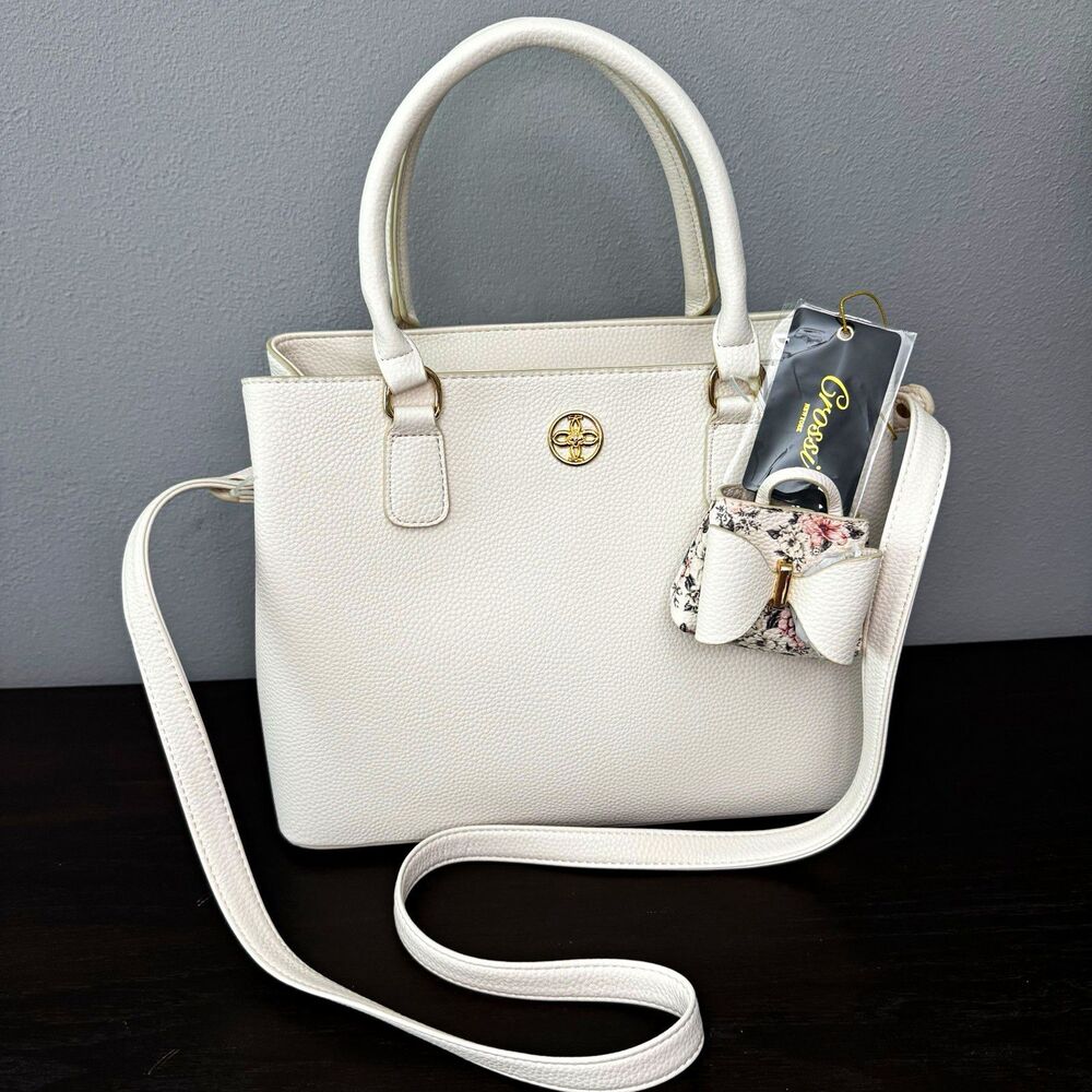 NWT Grossi New York Pebbled Satchel Crossbody Bag + Floral Mini Bow Charm Ivory